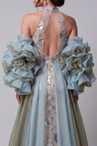 Vestido longo de concurso floral com contas com sereia brilhante e champanhe