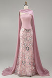 Vestido de concurso floral cor-de-rosa cintilante, sem alças, com contas, com capa