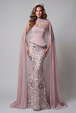 Vestido de concurso floral cor-de-rosa cintilante, sem alças, com contas, com capa