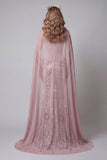 Vestido de concurso floral cor-de-rosa cintilante, sem alças, com contas, com capa