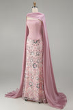 Vestido de concurso floral cor-de-rosa cintilante, sem alças, com contas, com capa