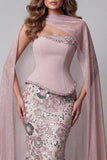 Vestido de concurso floral cor-de-rosa cintilante, sem alças, com contas, com capa