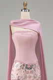 Vestido de concurso floral cor-de-rosa cintilante, sem alças, com contas, com capa