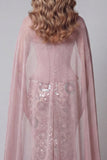 Vestido de concurso floral cor-de-rosa cintilante, sem alças, com contas, com capa
