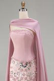 Vestido de concurso floral cor-de-rosa cintilante, sem alças, com contas, com capa