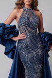 Vestido de concurso de sereia brilhante com folhos e contas longas com capa
