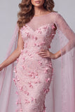 Vestido de concurso longo com gola de barco em forma de sereia rosa brilhante, com contas e contas