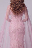 Vestido de concurso longo com gola de barco em forma de sereia rosa brilhante, com contas e contas