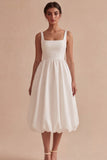Vestido de Graduação Midi A Line de Decote Quadrado Branco