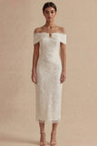 Vestido Midi Midi Bodycon Branco de Ombros Descobertos com Pérolas