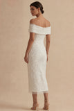 Vestido Midi Midi Bodycon Branco de Ombros Descobertos com Pérolas