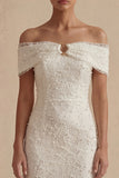 Vestido Midi Midi Bodycon Branco de Ombros Descobertos com Pérolas