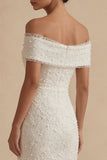 Vestido Midi Midi Bodycon Branco de Ombros Descobertos com Pérolas