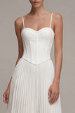 Vestido de graduação de Corset Midi com alças finas brancas plissadas