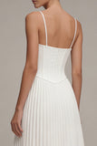 Vestido de graduação de Corset Midi com alças finas brancas plissadas