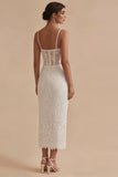 Vestido de Graduação Bodycon Midi Corset de Renda Branca com Alças Finas