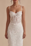 Vestido de Graduação Bodycon Midi Corset de Renda Branca com Alças Finas