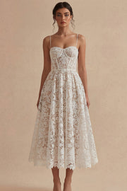 Vestido de Noiva Midi Espartilho Renda Alças Finas Branca