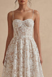 Vestido de Esparguete de Renda Branca Vestido de Formatura Uma Linha Longo ao Tornozelo
