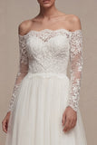 Vestido de Noiva Branco de Mangas Longas Floral Linha A com renda