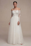 Vestido de Noiva Branco de Mangas Longas Floral Linha A com renda
