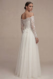 Vestido de Noiva Branco de Mangas Longas Floral Linha A com renda