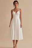 Vestido de Noiva de Praia Midi Linha A em Cetim Branco Simples