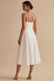 Vestido de Noiva de Praia Midi Linha A em Cetim Branco Simples