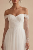 Vestido de noivado Maxi branco de mangas compridas franzidas com uma linha de ombros