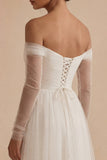 Vestido de noivado Maxi branco de mangas compridas franzidas com uma linha de ombros