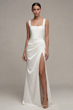 Vestido de noivado branco Maxi Sheath branco de decote quadrado e fenda