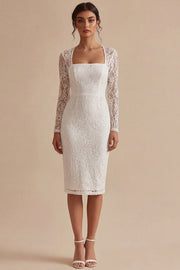 Bodycon Lace Vestido de Noivado Branco Boémio Floral de Mangas Longas