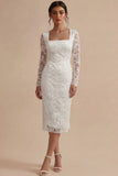 Vestido de Noivado Boémio Branco de Mangas Longas de Mangas Longas Floral Midi Bodycon Branco