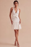 Vestido Mini Halter White A Line com Laço