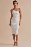 Vestido Midi Branco Bodycon Franzido de Um Ombro