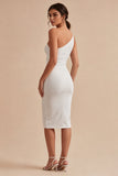 Vestido Midi Branco Bodycon Franzido de Um Ombro