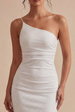 Vestido Midi Branco Bodycon Franzido de Um Ombro