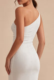 Vestido Midi Branco Bodycon Franzido de Um Ombro
