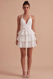 Vestido Mini Branco A Line Halter com Folhos e Laço