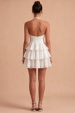 Vestido Mini Branco A Line Halter com Folhos e Laço