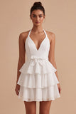 Vestido Mini Branco A Line Halter com Folhos e Laço