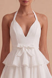 Vestido Mini Branco A Line Halter com Folhos e Laço