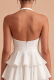 Vestido Mini Branco A Line Halter com Folhos e Laço