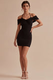 Vestido preto preto de cetim bodycon bodycon de ombro frio