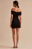 Vestido preto preto de cetim bodycon bodycon de ombro frio