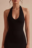 Vestido Preto Preto Simples de Cetim Bodycon Bodycon
