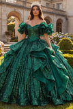 Vestido de baile verde-escuro com folhos caídos no ombro Vestido de Quinceañera