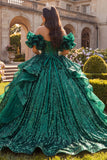 Vestido de baile verde-escuro com folhos caídos no ombro Vestido de Quinceañera