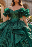 Vestido de baile verde-escuro com folhos caídos no ombro Vestido de Quinceañera