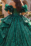 Vestido de baile verde-escuro com folhos caídos no ombro Vestido de Quinceañera